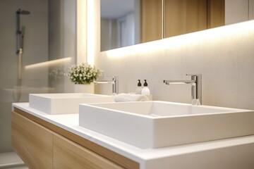 Modern Minimalist Bathroom Interior with Double Sink and Elegant Wooden Accents