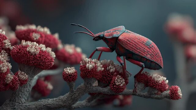 Vibrant weevil close-up on blooming branch showcasing intricate details and striking colors
