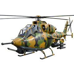 Fototapeta premium Detailed camouflage military attack helicopter isolated on transparent background with realistic design.