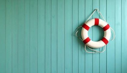 White lifebuoy with red stripes hanging on light blue wooden wall