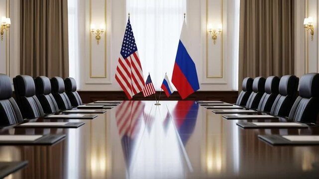 Formal international conference room with united states and russia flags reflecting on polished table surface