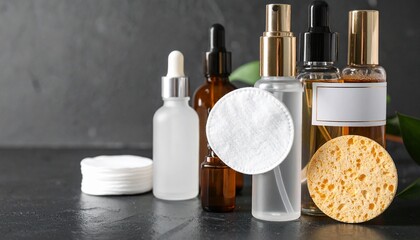 Assorted skincare bottles and tools arranged on a dark surface.