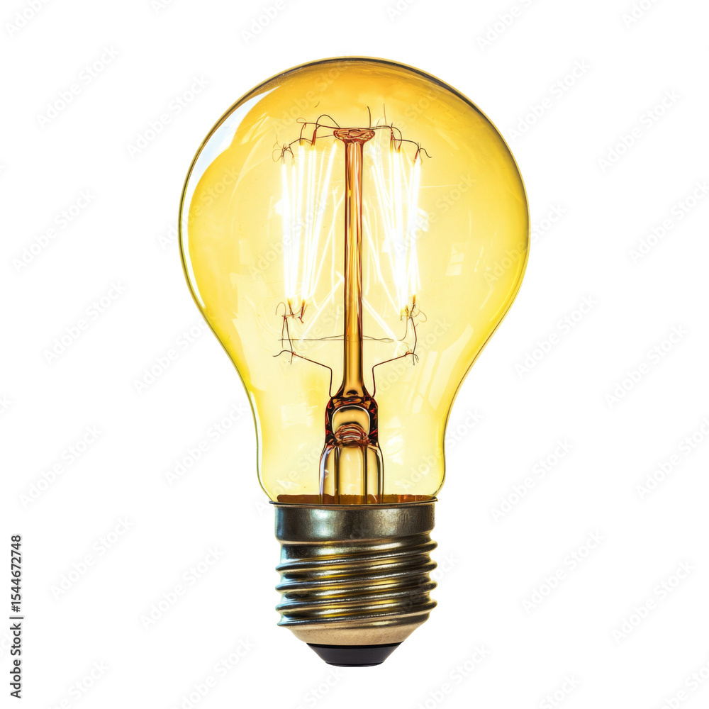 Poster vintage light bulb with warm glow, showcasing its filament design and metallic base, perfect for add