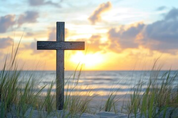 Sunrise Serenity: Wooden Cross by the Seaside, Embracing Faith and Fellowship in a Blessed Horizon