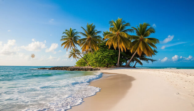 Beautiful beach with white sand, a group of palm trees and blue sea water.