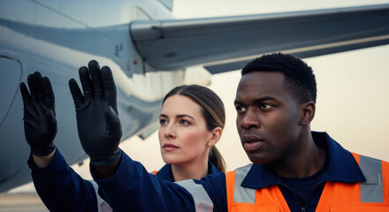 Focused aviation ground crew performing safety checks on aircraft wing, teamwork and communication in maintenance operations