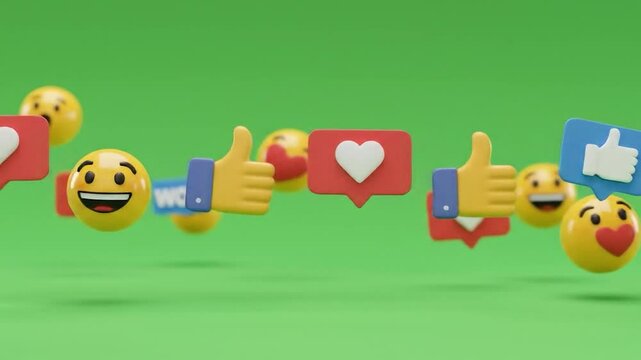 Animated Emojis and Social Media Icons Floating on Green Screen