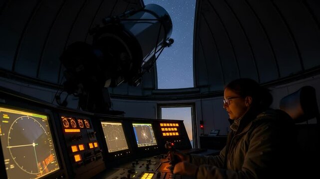 Female astronomer operates a large telescope control panel in a dark observatory dome under a starry night sky.