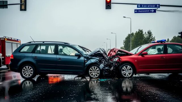 Two damaged cars on wet intersection after a car crash with fire truck and flashing emergency lights on a rainy day footage.