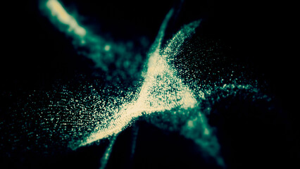 Abstract particle motion with vibrant colors, digital flowing particles, VR, futuristic sci-fi, tech innovation, and immersive cyber space background