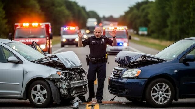 Male police officer directing traffic at a multi-car collision on a highway with emergency vehicles present. Accident investigation footage.