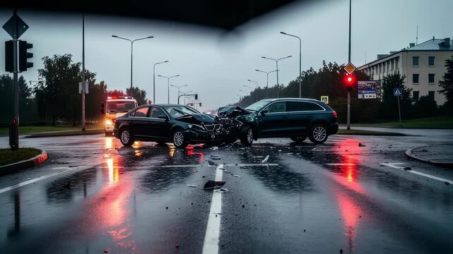 Two cars crashed on wet street in the rain with traffic lights showing red, illustrating car accident consequences concept footage.
