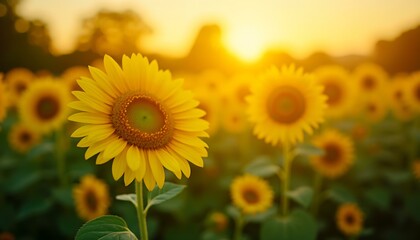 Obraz premium Sunflower field yellow petals summer bloom agriculture plant nature sun