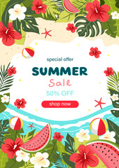 Vertical summer sale banner with tropical leaves, hibiscus flowers, watermelon, beach balls, and sea waves. Colorful vector template with “shop now” button and discount message.