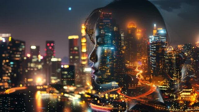 Double exposure of woman profile blended with illuminated city skyline at night symbolizing technology and urban life.