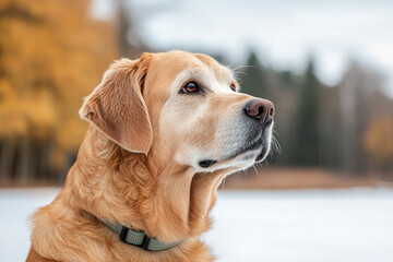 Golden retriever dog close up with shiny healthy coat looking alert in autumn outdoor park