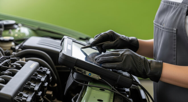 Mechanic using digital diagnostic tablet to inspect engine performance under hood in modern auto repair shop