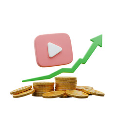 Video Content Creator Success Concept in 3D Gold Coins, growth Arrow Clean Background
