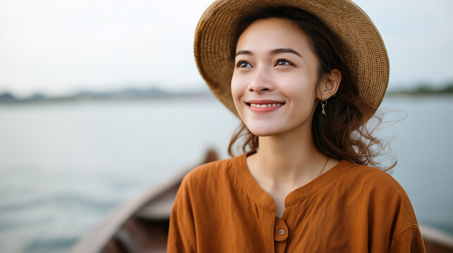 Joyful young woman tourist in Asian hat standing on boat at lake