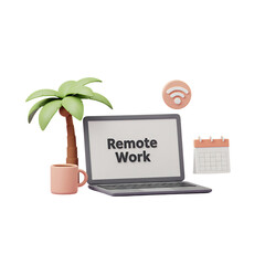 Remote Work Setup with Laptop and Palm Tree Minimalist 3D Office Illustration