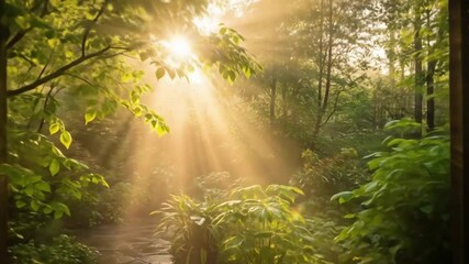 Serene sun rays shining through lush greenery in a peaceful garden pathway