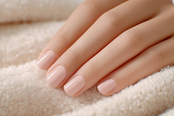 Close-up of a hand with neatly manicured nails painted in soft, pale pink resting on a plush, beige fabric surface.