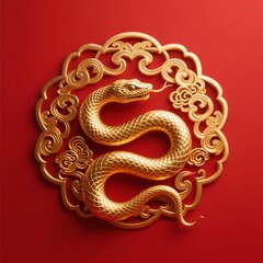 Obraz premium Golden Snake Coiled within Ornate Frame on Red Background