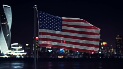 American flag waving at night with cityscape backdrop - Powered by Adobe