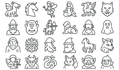 Simple line drawings illustrate a variety of mythological creatures and fairytale characters set against white