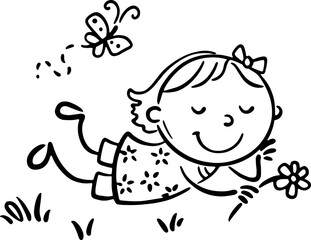 Cute girl laying on blooming lawn. Line art