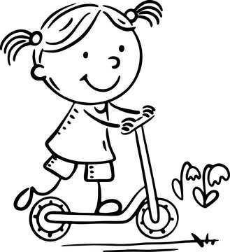 Cute little girl riding a scooter. Kids activities, blacka nd white illustration