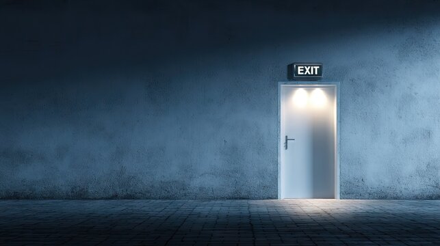 Emergency exit door with illuminated exit sign in workplace hallway.