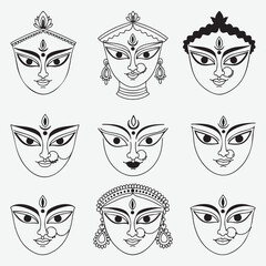 Illustrated collection of hindu goddess durga faces in black and white outline design