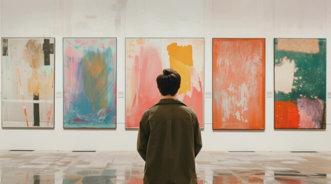 Person admiring colorful abstract paintings in modern art gallery exhibition.