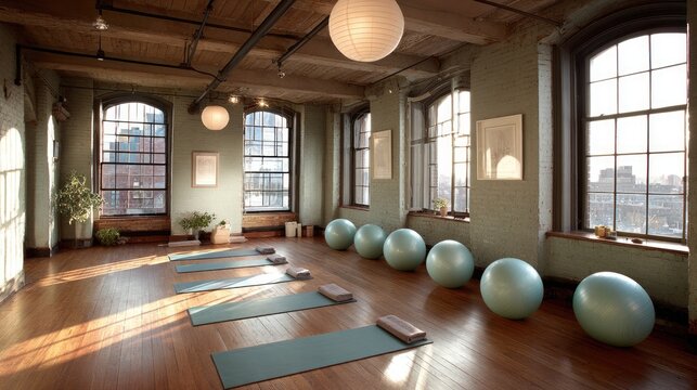 Pilates studio set up for Yogilates class with mats and stability balls.