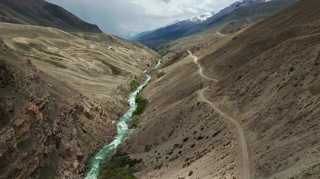 Aerial drone of Wakhan Valley Corridor, Pamir mountains ,  Badakhshan province of Afghanistan and  Gorno-Badakhshan Autonomous Region of Tajikistan