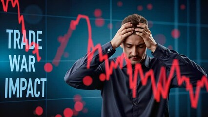 Trade war impact on stock market with distressed businessman and red declining graphs, financial crisis