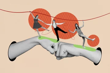 Fototapete Rund Creative design composite trend artwork collage of young lady man dance huge hand fist support passion elegance studio rhythm culture © deagreez