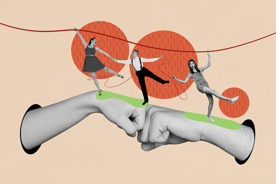 Creative design composite trend artwork collage of young lady man dance huge hand fist support passion elegance studio rhythm culture