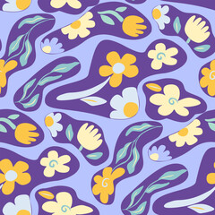 Naklejka premium Whimsical groovy floral pattern, Naive playful flower seamless design for textile, home decor 