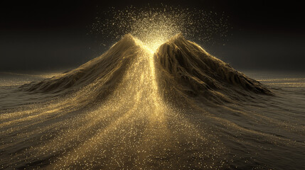 Volcanic eruption of golden particles abstract landscape digital art surreal environment aerial view nature's majesty