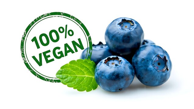 Fresh blueberries with 100 percent vegan stamp