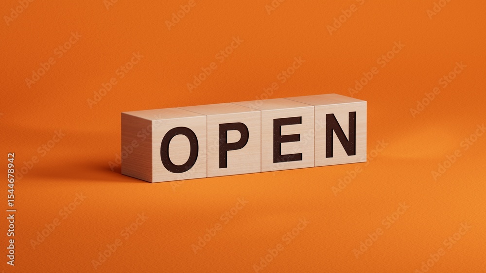 Poster open.wooden cubes spelling.flat lay view from above on orange background with wooden cubes buttons.i
