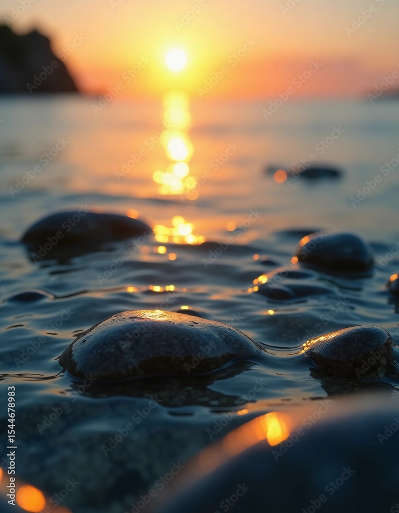 Poster as dawn breaks, vibrant hues brighten the horizon while smooth stones glisten in the tranquil waters