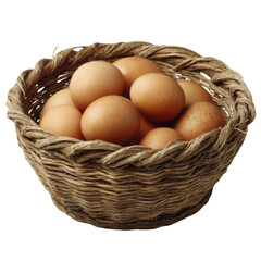 Fresh eggs in woven basket, showcasing natural textures and colors, perfect for culinary use or farm themed decor