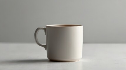 A single white ceramic mug with a handle sitting on a white surface against a light gray background