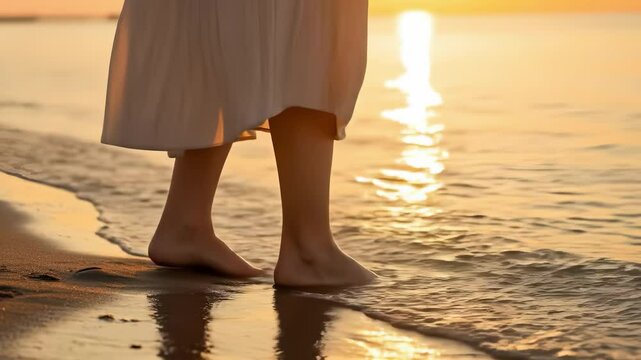 Barefoot person stands in calm golden water at a serene sunset beach.