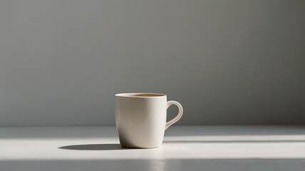 A minimalist white ceramic mug with handle sitting on a white surface against a grey background wall