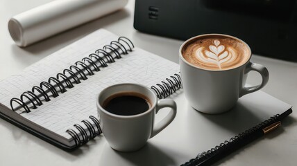 Still life of two coffee cups with latte art near a spiral notebook and pen on a white surface