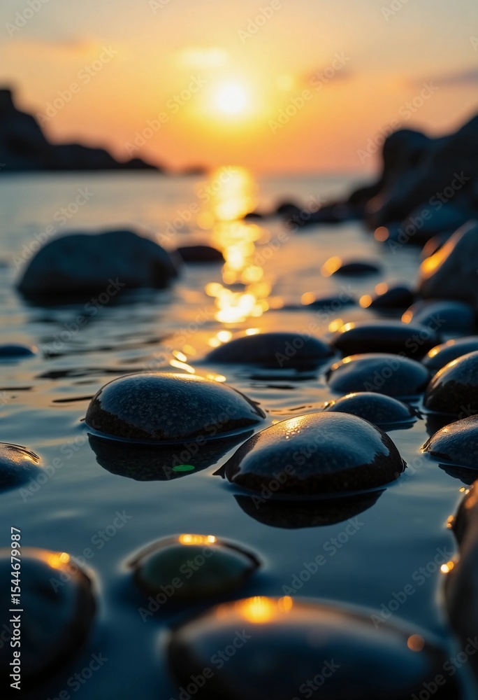 Poster Golden rays break through the horizon, illuminating smooth stones nestled in serene waters. The gentle waves create a peaceful atmosphere as day begins Generative AI